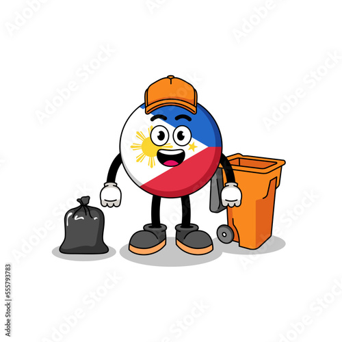 Illustration of philippines flag cartoon as a garbage collector