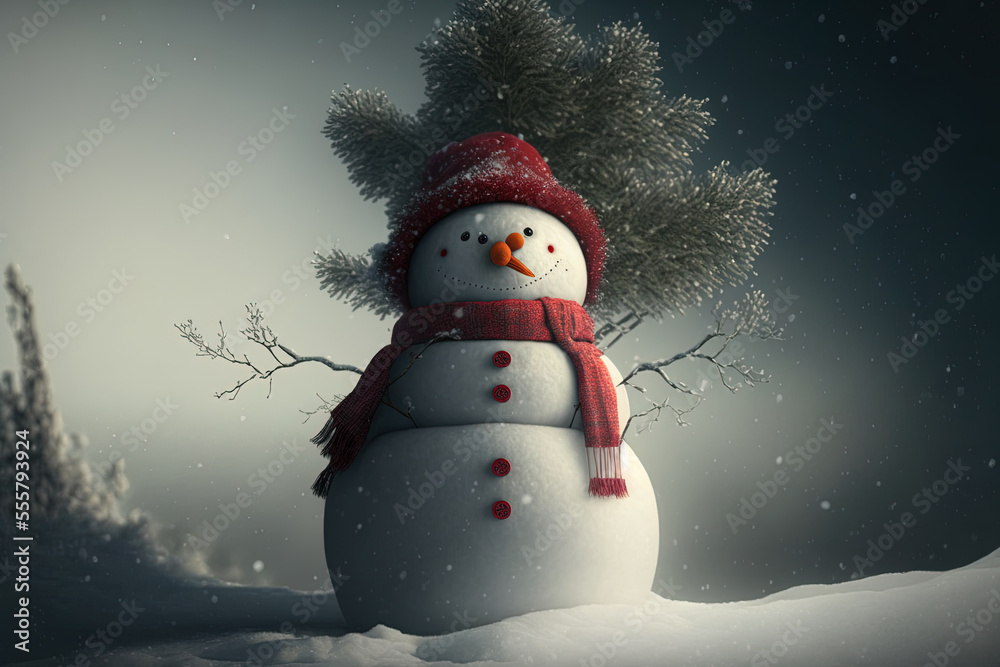 Obraz premium The Christmas tree with red wool hat wearing snowman. Generative AI