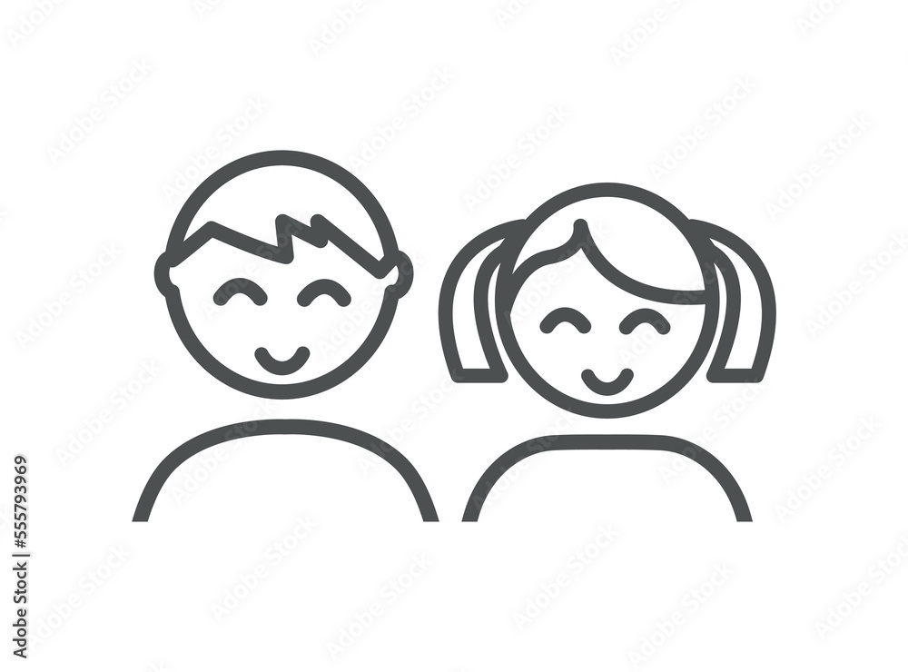 Adopted boy and girl. Happy children smile, positivity and optimism. Charity and volunteering. Logotype for company or organization, branding. Poster or banner. Cartoon flat vector illustration