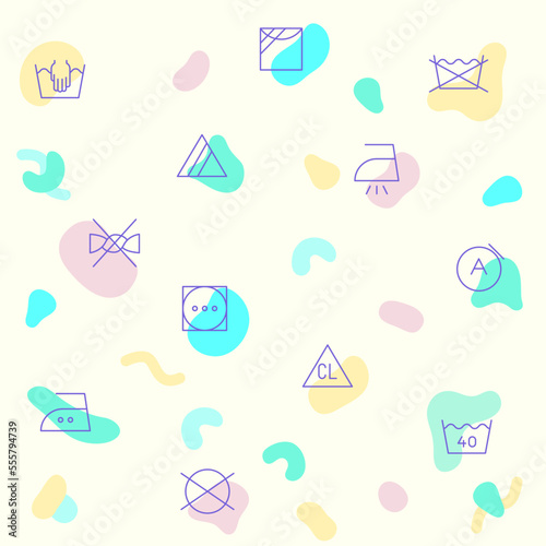 Vector illustration of a cute laundry and housework. Collection of washing, ironing, dry, cleaning, care, fabric, housekeeping, bleach and other elements. Isolated on beige.