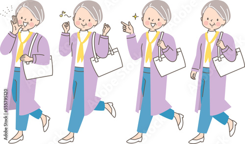 オシャレをして外出するシニア女性のイラストセット