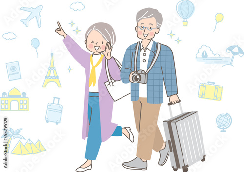 仲良く旅行する中年夫婦のイラスト素材