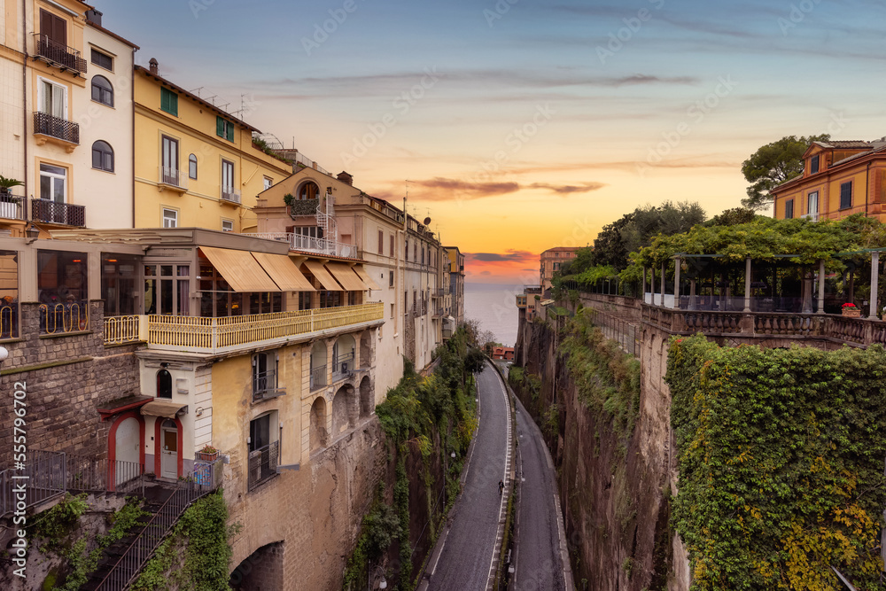 Streets in a touristic town, Sorrento, Italy. Cloudy Sunset Sky Art Render.