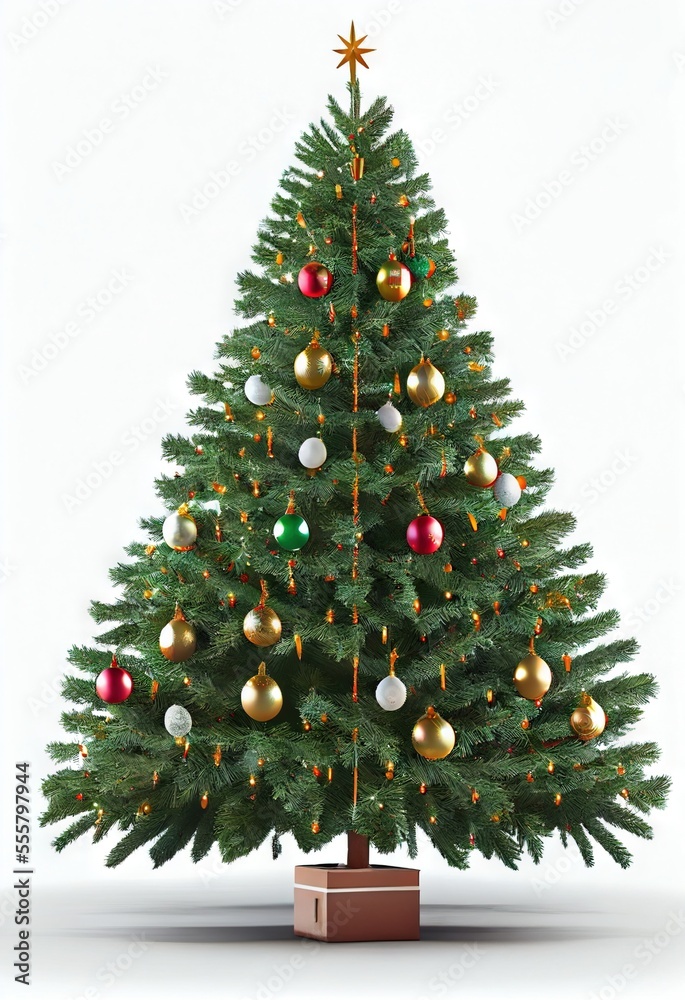 Christmas Tree Single Ornaments Lights Presents Vertical Flat White Background Image Christmas Tree Single Ornaments Lights Presents Vertical Flat White Background Image