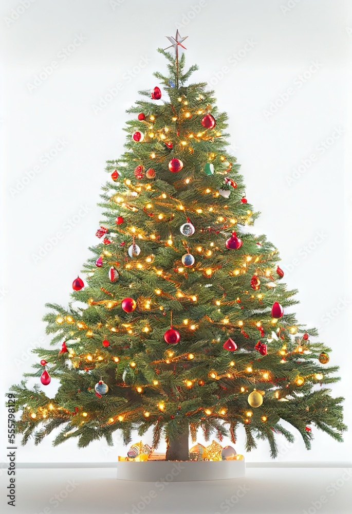 Fototapeta premium Christmas Tree Single Ornaments Lights Presents Vertical Flat White Background Image