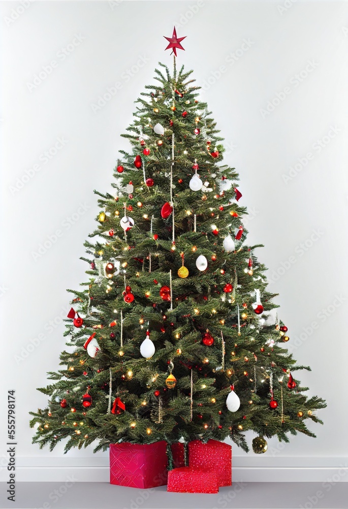 Christmas Tree Single Ornaments Lights Presents Vertical Flat White Background Image