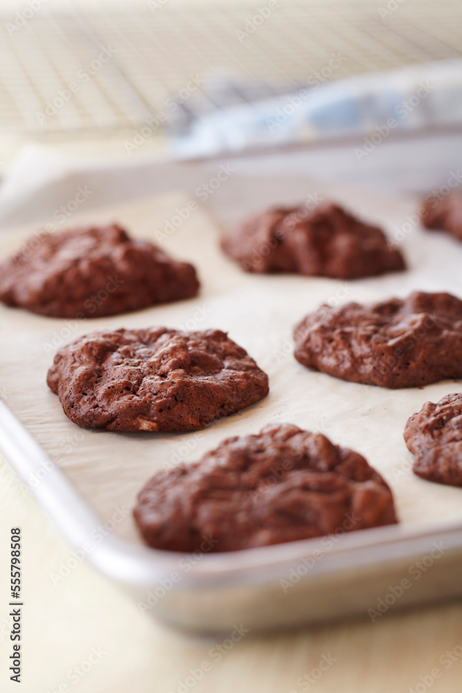 Freshly baked chocolate cookies on a cookie sheet with parchment paper Freshly baked chocolate cookies on a cookie sheet with parchment paper
