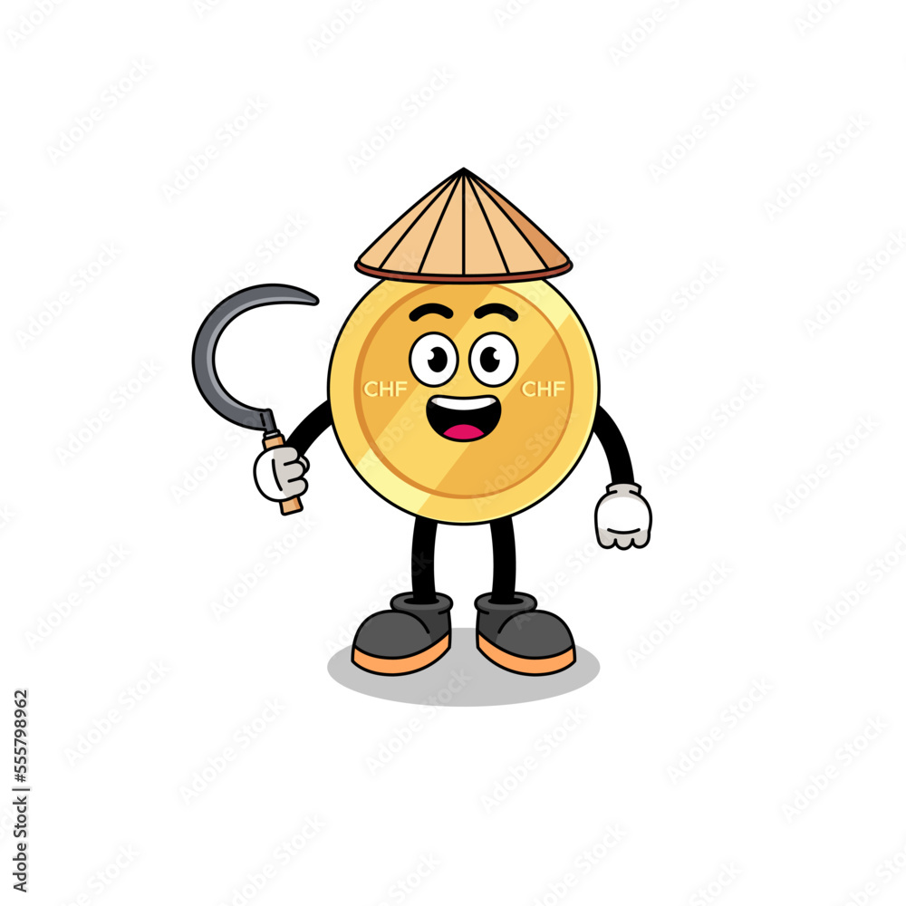 Illustration of swiss franc as an asian farmer Illustration of swiss franc as an asian farmer