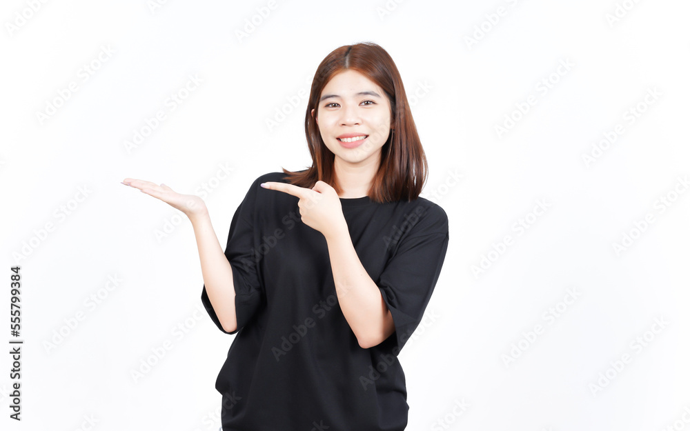Showing and Presenting Product on Open Palm of Beautiful Asian Woman Isolated On White Background
