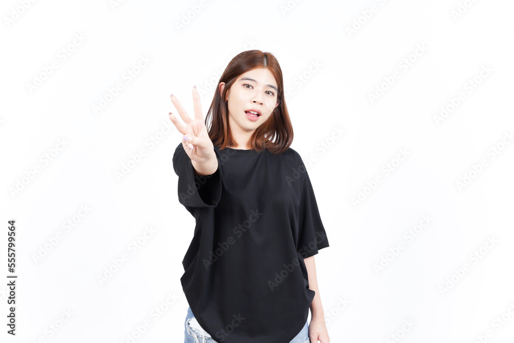 Showing Three count finger of Beautiful Asian Woman Isolated On White Background Showing Three count finger of Beautiful Asian Woman Isolated On White Background