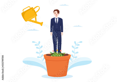 Personal Development with People Developing Mental Issues, Growth and Self Improvement as Plant in Flat Cartoon Hand Drawn Templates Illustration