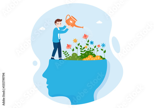 Personal Development with People Developing Mental Issues, Growth and Self Improvement as Plant in Flat Cartoon Hand Drawn Templates Illustration