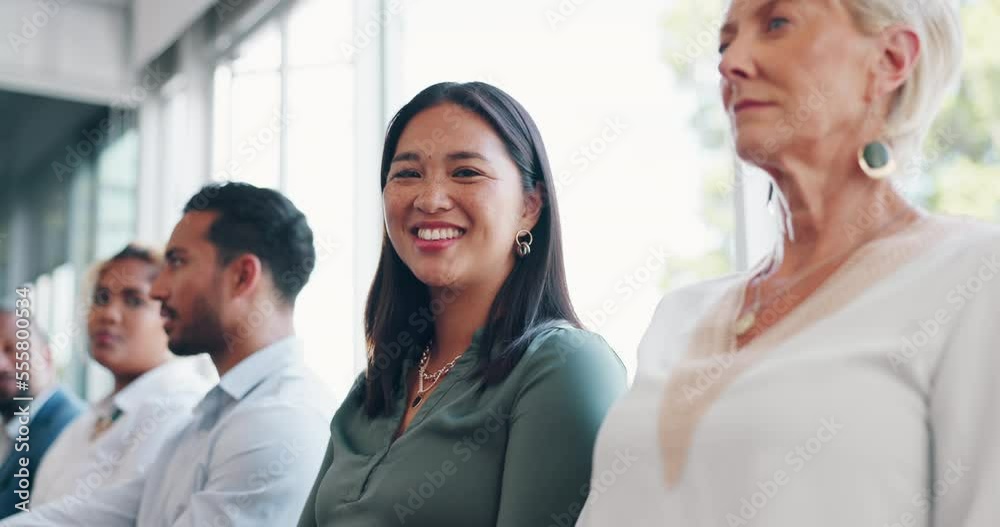 Happy, woman face and office team in business meeting line ready for corporate teamwork and success. Business, employee and marketing agency worker with a proud smile about marketing goals and growth