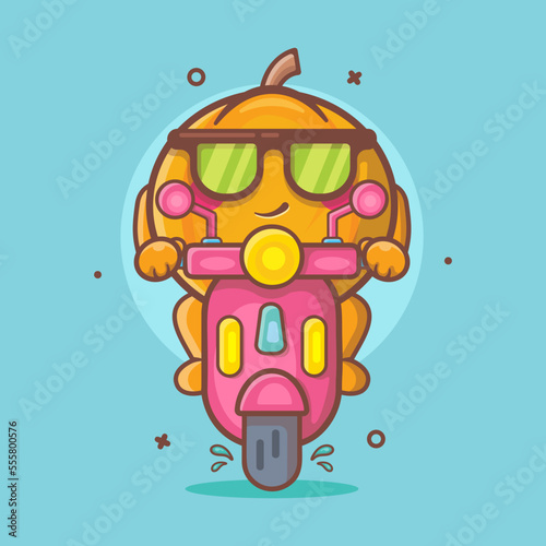 cool pumpkin fruit character mascot riding scooter motorcycle isolated cartoon in flat style design