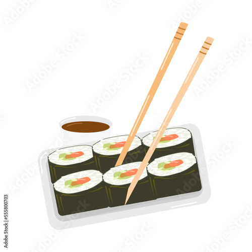 avocado rolls on bamboo rice sticks separately on a flat plate on a white background