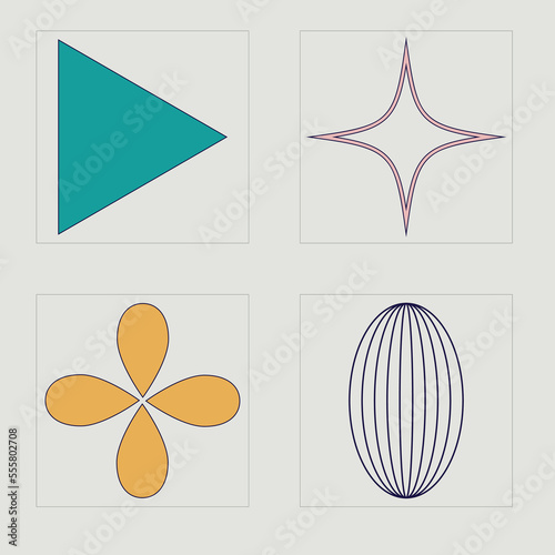 Brutalism shapes. Retro futuristic graphic ornaments. Modern abstract forms. Isolated on black background. Vector illustration