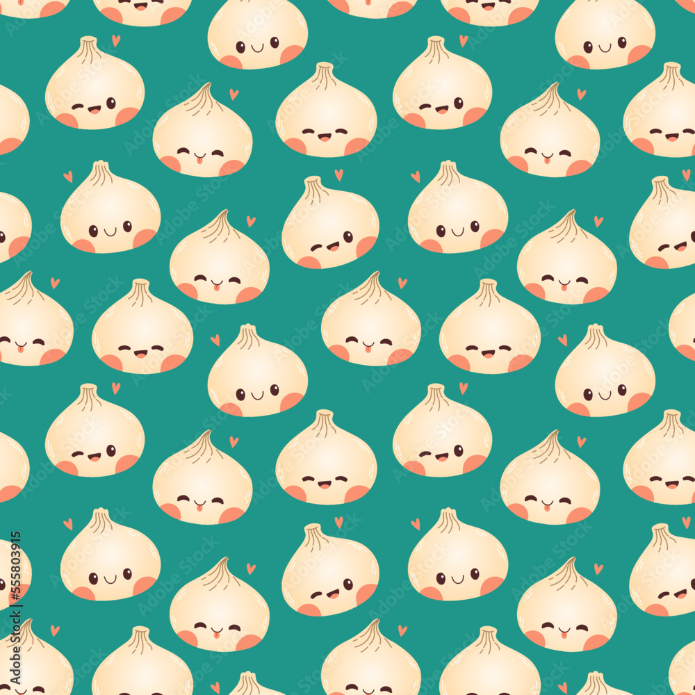 Dumpling and gyoza seamless pattern vector drawing. Traditional Japanese dumplings with funny smiling faces.