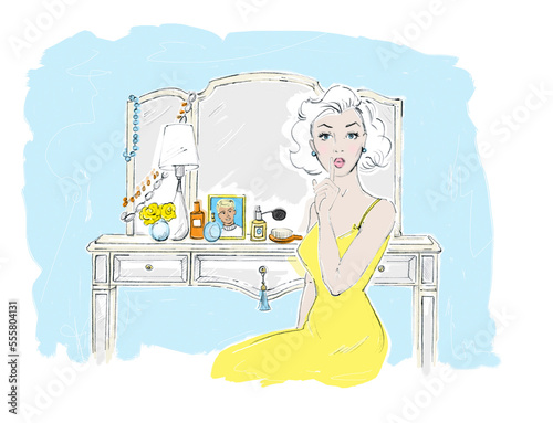 Illustration of Woman Sitting in front of Vanity Table photo