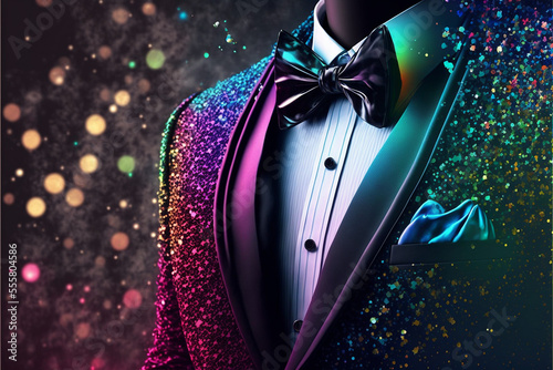 Colorful Party Tuxedo 3D Render with multicolored sequins, glitter and confetti, New Year black tie formal Generative AI photo