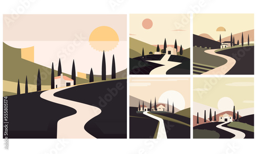 Tuscan Landscapes vector illustration set (ID: 555805174)