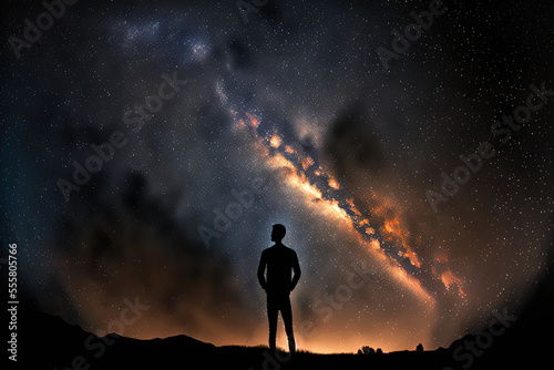 Silhouette of a young man against the Milky Way galaxy and a dark sky with a bright star. Generative AI