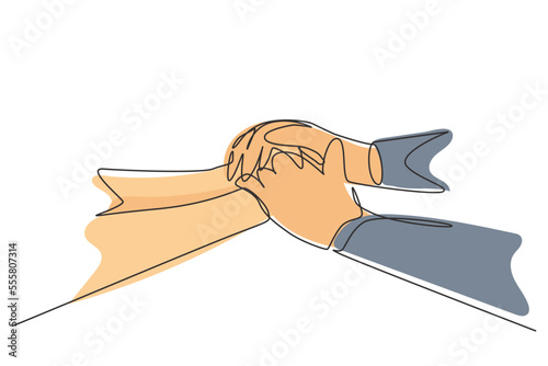 Single one line drawing old middle aged people holding hands close up view. Trust in happy marriage. Empathy hope understanding love for many years. Continuous line design graphic vector illustration