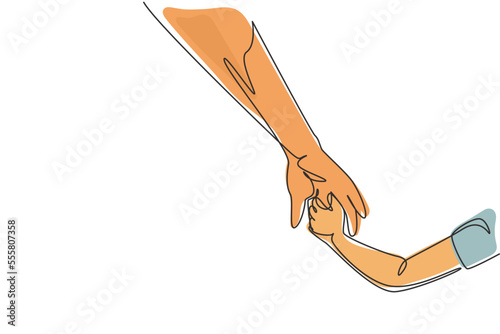 Single continuous line drawing hands of parent and child. Childhood with family. Daughter have bonding with her father. Hero father and family pride. One line draw graphic design vector illustration