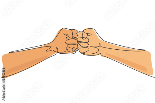 Continuous one line drawing two hands make fist bump. Sign or symbol of power, hitting, attack, force. Communication with hand gestures. Nonverbal signs. Single line design vector graphic illustration