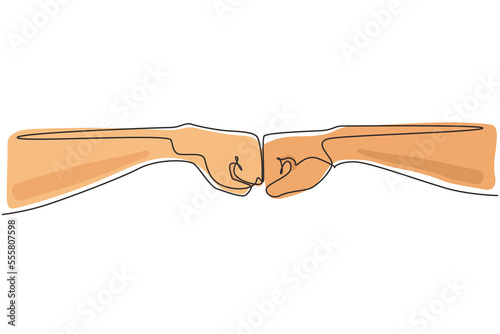 Single continuous line drawing hands of two men pumping their fists. Sign or symbol of power, hitting, attack, force. Communication with hand gestures. One line draw graphic design vector illustration