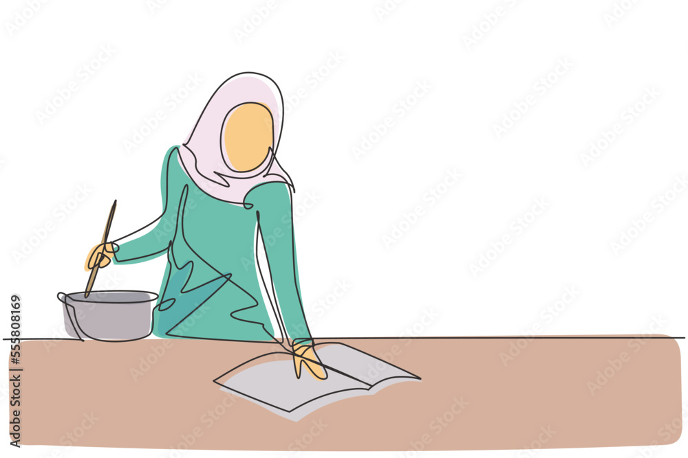 Continuous one line drawing tea time. Relaxed Arabian girl sitting in modern chair, enjoying hot coffee in front of window, side view, free space. Single line draw design vector graphic illustration Continuous one line drawing tea time. Relaxed Arabian girl sitting in modern chair, enjoying hot coffee in front of window, side view, free space. Single line draw design vector graphic illustration