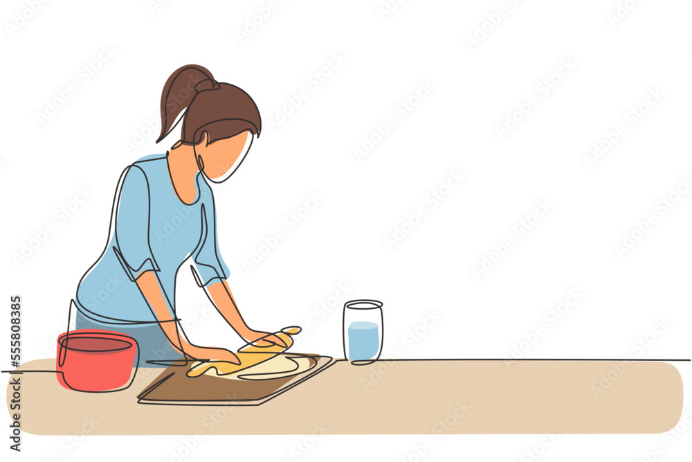 Single one line drawing young woman making cookie dough using rolling pin at kitchen table. Making bakery and homemade pizza at home. Modern continuous line draw design graphic vector illustration Single one line drawing young woman making cookie dough using rolling pin at kitchen table. Making bakery and homemade pizza at home. Modern continuous line draw design graphic vector illustration