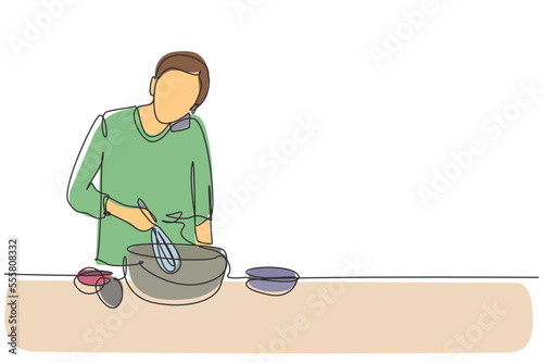 Single continuous line drawing man talks on smartphone while preparing dinner while standing in kitchen and knead cake dough using manual hand mixer. One line draw graphic design vector illustration