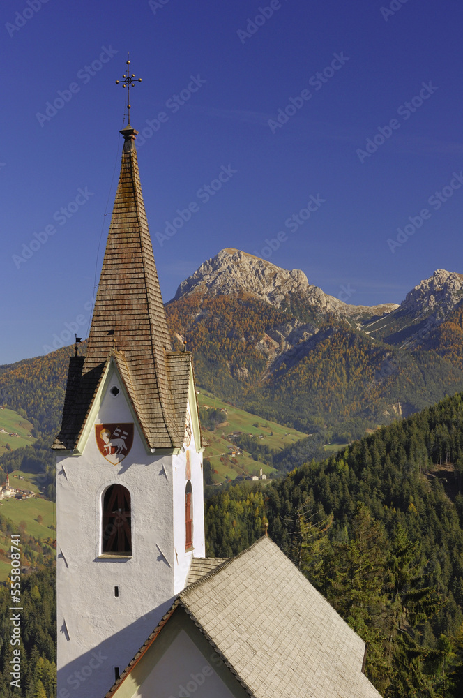 Church Steeple, Badia Valley, Trentino-Alto Adige, Dolomites, South Tyrol, Italy Church Steeple, Badia Valley, Trentino-Alto Adige, Dolomites, South Tyrol, Italy