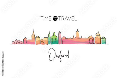 Single one line drawing Oxford city skyline, England. World historical town landscape. Best holiday destination postcard print. Editable stroke trendy continuous line draw design vector illustration