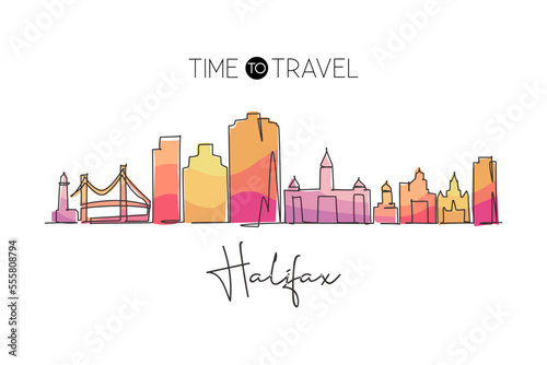 Continuous one line drawing Halifax city skyline, Nova Scotia Canada. Beautiful landmark. World landscape tourism travel wall decor poster print. Stylish single line draw design vector illustration