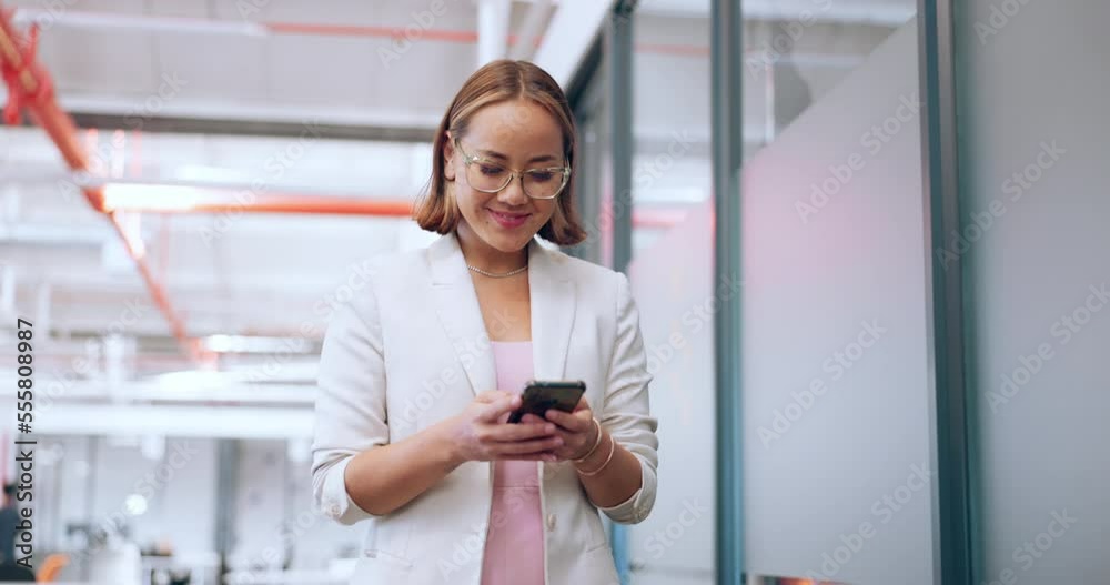Business woman, office phone and communication of a employee walking with a smile. Corporate worker on technology for social media, web and internet scroll at work with happy texting on a break
