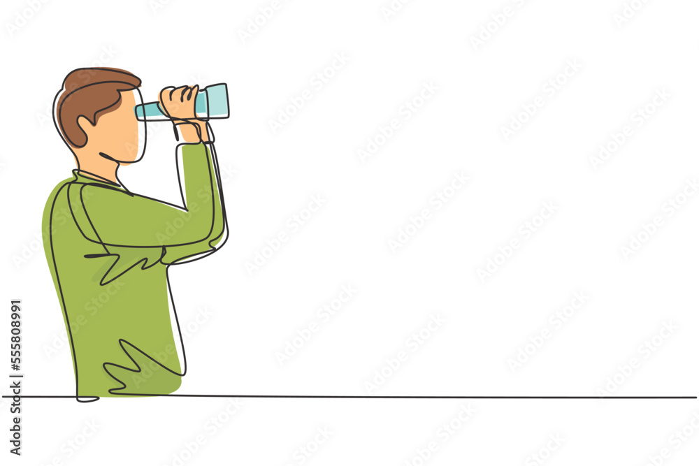 Continuous one line drawing young man looking in distance with binoculars. Enjoy beauty of nature as far as the eye can see. Find something interesting. Single line design vector graphic illustration Continuous one line drawing young man looking in distance with binoculars. Enjoy beauty of nature as far as the eye can see. Find something interesting. Single line design vector graphic illustration