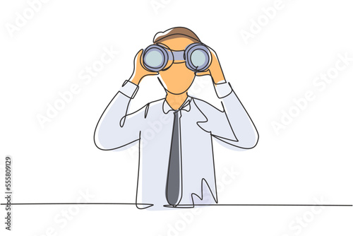 Single continuous line drawing young businessman looking through binoculars searching for job. Find all opportunities in the world of suitable jobs. One line draw graphic design vector illustration