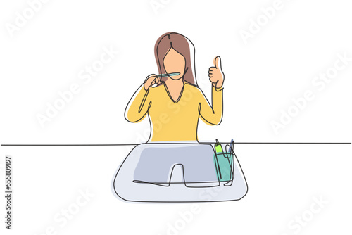 Continuous one line drawing woman brushing her teeth with thumbs up gesture. Routine habits for cleanliness, health, freshness of mouth and teeth. Single line draw design vector graphic illustration