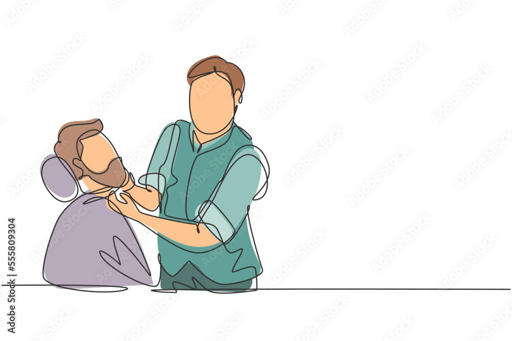 Continuous one line drawing grooming of real man. Side view of young bearded man getting beard haircut at hairdresser while sitting in chair at barbershop. Single line draw design vector graphic