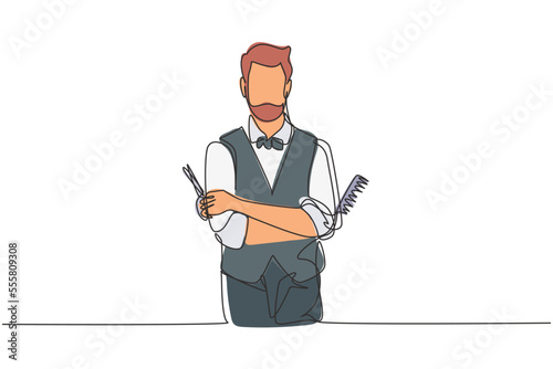 Continuous one line drawing empty place of virile harsh barber having his arms crossed, holding equipment in hand. Professional barber concept. Single line draw design vector graphic illustration