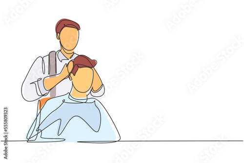 Single continuous line drawing attractive classy dressed barber shop hairdresser is turning client`s head to present his work for him. Hairdo looks trendy and so perfect. Dynamic one line draw graphic