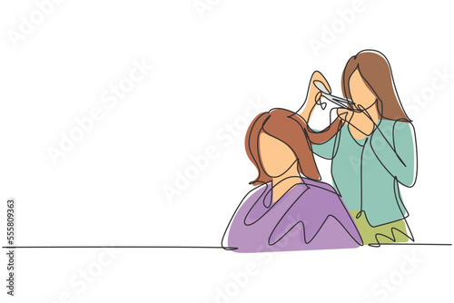 Single one line drawing pretty brunette working as hairdresser and cutting hair tips of female customer in beauty salon. Hair style concept. Continuous line draw design graphic vector illustration