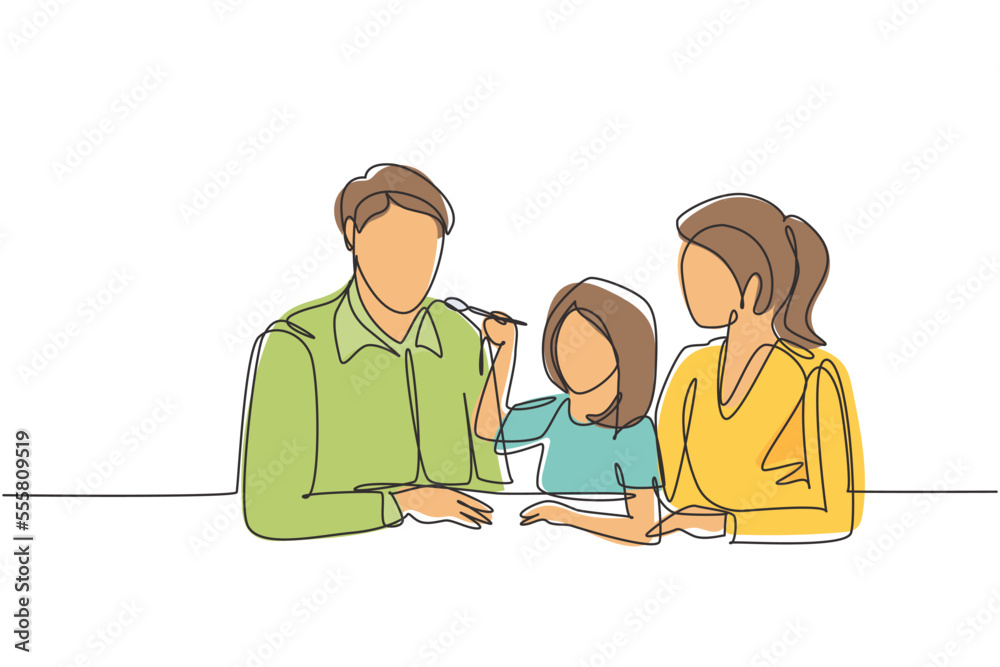 Single continuous line drawing young family having fun together in modern restaurant. Daughter feeds her father with love. Happy little family concept. One line draw graphic design vector illustration Single continuous line drawing young family having fun together in modern restaurant. Daughter feeds her father with love. Happy little family concept. One line draw graphic design vector illustration