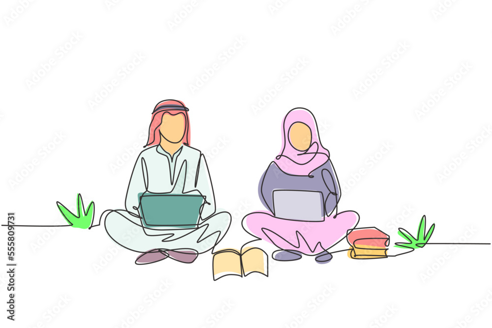 Single one line drawing Arabian couple with laptop sitting at the park together. Freelance, distance learning, online courses, studying concept. Continuous line draw design graphic vector illustration