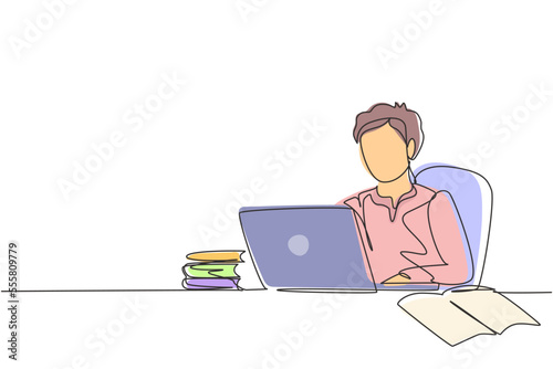 Continuous one line drawing young Arabian boy studying with laptop and pile of books. Back to school, intelligent student, online education concept. Single line draw design vector graphic illustration
