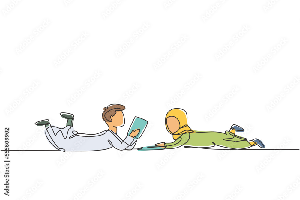 Single one line drawing two Arabian kids boy and girl reading, learning ...
