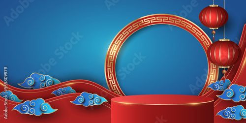 Asian Podium with arc in oriental style for Chinese New Year to display your brand products. Luxurious lanterns with decorative blue clouds. Vector illustration