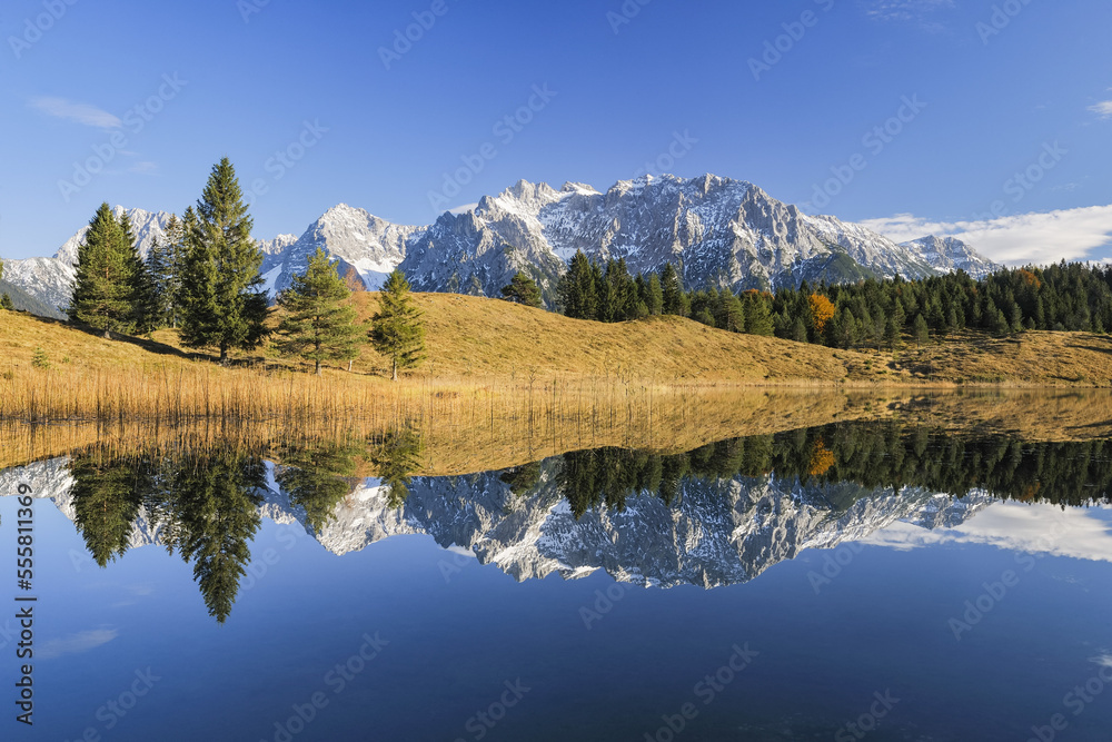 Wildensee with Karwendel Mountains in Autumn, Mittenwald, Garmisch-Partenkirchen, Upper Bavaria, Bavaria, Germany Wildensee with Karwendel Mountains in Autumn, Mittenwald, Garmisch-Partenkirchen, Upper Bavaria, Bavaria, Germany