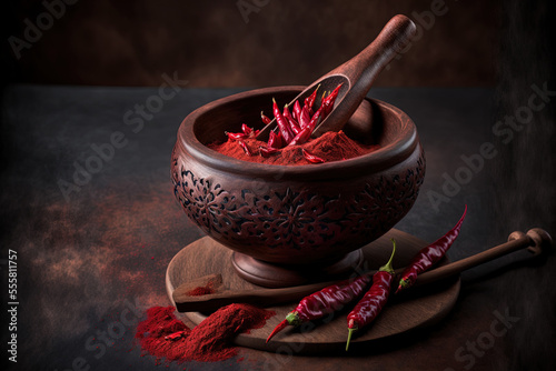 Powdered red chillies, lal mirchi, or mirch are placed in a bowl or pestle against a somber backdrop with selective focus. Generative AI photo